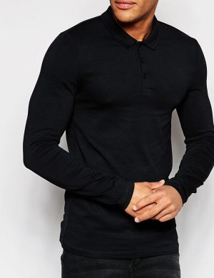 Extreme Muscle Fit Long Sleeve Polo for Men – Black, Stretch Jersey, Skinny Cut