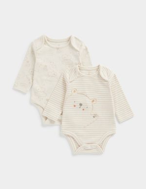 Cream & White Striped Baby Bodysuits – Long Sleeves, Cotton Fabric