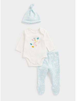 Infant Girl 3-Piece Cotton Set – Printed Bodysuit, Leggings & Cap (0–12M)