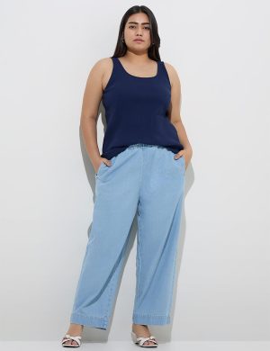 Blue High-Rise Cotton Denim Pants – Drawstring Waist, Regular Fit, Pockets