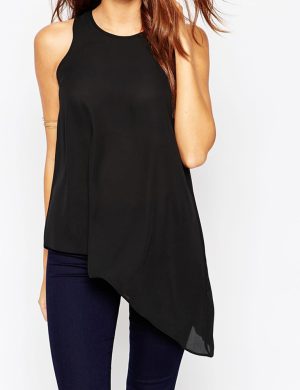Asymmetric Singlet Top – Crew Neck, Button Keyhole, Woven Fabric, Regular Fit