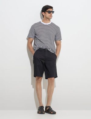 Men’s Black Cotton Shorts – Mid Rise, Relaxed Fit, Button Waist & Pockets