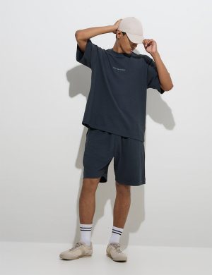 Men’s Dark Teal Crinkled Shorts – Relaxed Fit, Elastic Waist, Cotton Blend