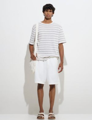 Men’s White Relaxed Shorts – Cotton-Linen, Drawstring Waist, Multi-Pocket