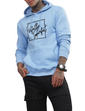 Men's Light Blue "Perfectly Imperfect" Typography Printed Fleece Hoodie
