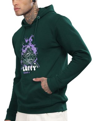 Men's Bottle Green "Luffy Gear 5" Anime Printed Fleece Hoodie