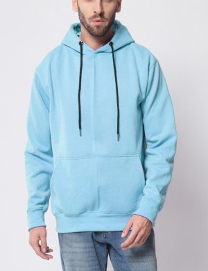 Men's Solid Sky Blue Fleece Hoodie with Contrast Black Drawstrings