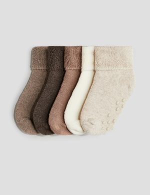 Baby & Toddler Non-Slip Terry Ankle Socks (5-Pack) - Soft Knit Anti-Skid Gripper Socks in Neutral Earth Tones with Custom Branding & Packaging Options