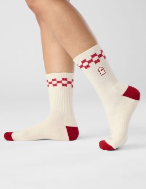 Ghost Checkerboard Ribbed Crew Socks – Off-White Cotton Athletic Casual Socks with Embroidered Ghost & Red Accents
