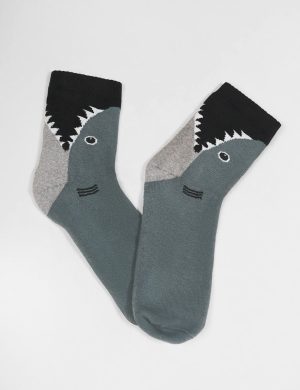 Men’s Shark Jaw Graphic Crew Socks – Slate Grey & Black Novelty Knit Cotton Socks