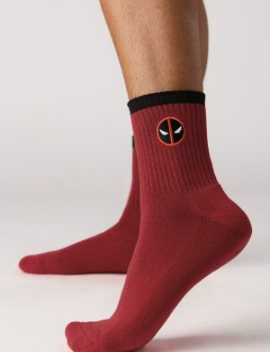 Men’s Embroidered Crew Socks – Ribbed Cotton Dark Red & Black Athletic Casual Socks