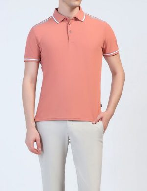 Men's Coral Pink Performance Golf Polo Shirt – Tipped Collar & Shoulder Accent Short Sleeve Polo