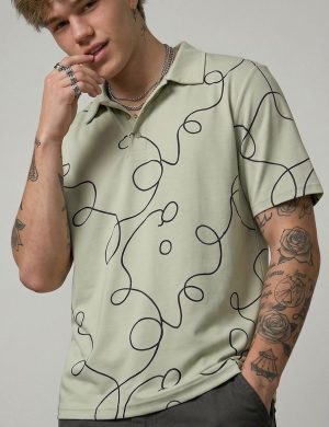 Men's Sage Green Abstract Swirl Line Art Printed Polo Shirt – Short Sleeve Casual Polo | Rioleaf