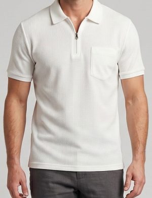 Men's Off-White Waffle Knit Quarter-Zip Polo Shirt – Textured Short Sleeve Polo with Chest Pocket