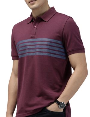 Men's Maroon Chest Striped Polo Shirt – Premium Cotton Piqué Short Sleeve Polo Tee