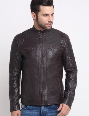 Rioleaf Men’s Brown Leather Biker Jacket – Ribbed Shoulder Cafe Racer Slim Fit Motorcycle Jacket