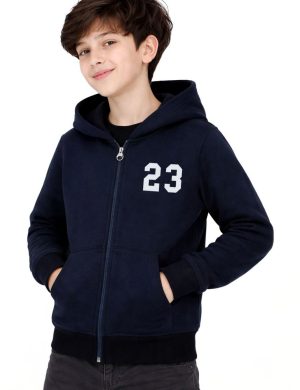 Boys Navy Blue Full-Zip Varsity Graphic Hoodie - Kids Number 23 Fleece Outerwear Jacket | Rioleaf Ltd.