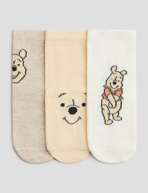 Baby & Toddler Winnie the Pooh Character Ankle Socks (3-Pack) - Soft Knit Ankle Socks in Neutral Tones with Custom Branding Options
