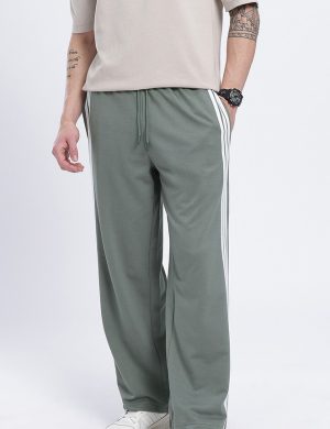 Men’s Sage Green Wide-Leg Side-Stripe Track Pants with Adjustable Toggle Hem | Rioleaf Ltd.