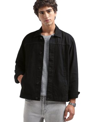 Rioleaf Men’s Solid Black Denim Jacket – Classic Button-Front Cotton Twill Trucker Jacket with Side Pockets
