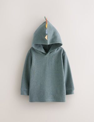 Rioleaf Kids Waffle-Knit 3D Dinosaur Hooded Pullover – Soft Cotton Thermal Sweatshirt with Multi-Color Spikes