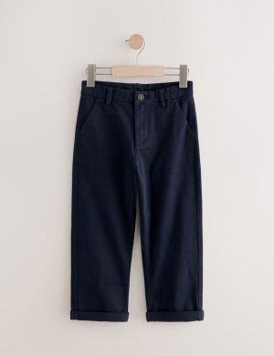 Boys Navy Blue Premium Cotton Twill Chino Trousers - Flat Front Rolled Hem Kids Casual Pants | Rioleaf Ltd.