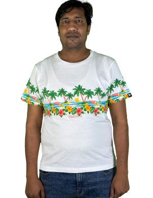 Men's White Tropical Palm Border Print T-Shirt – Premium Cotton Beach Graphic Crew Neck Tee