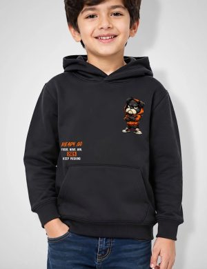Rioleaf Premium Kids Black Graphic Hoodie – 'READY GO' Bulldog Printed Heavyweight Fleece Pullover Sweatshirt for Boys