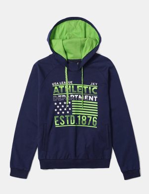 Men’s Navy Blue Pullover Hoodie with Neon Green Contrast Hood & Athletic Print – Rioleaf Ltd. Custom Fleece Sweatshirt