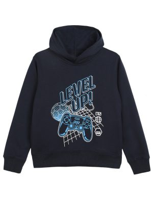 Boys Navy Blue Gaming Graphic Hoodie - Kids Level Up Controller Fleece Pullover Sweatshirt | Rioleaf Ltd.