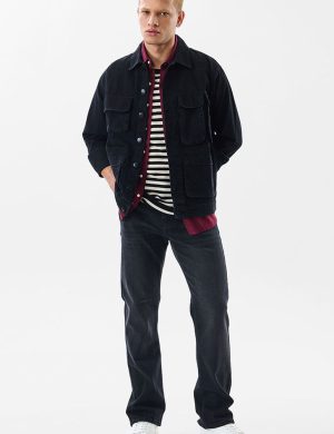 Rioleaf Men’s Washed Black Utility Denim Field Jacket – 4-Pocket Cargo Workwear Jacket