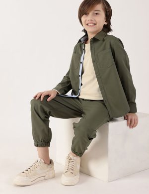 Boys Olive Green Elastic-Cuff Cotton Twill Joggers - Kids Drawstring Utility Pants | Rioleaf Ltd.