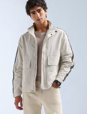 Rioleaf Men’s Off-White Side-Stripe Utility Windbreaker Jacket – High Stand-Collar Zip-Up Lightweight Track Jacket